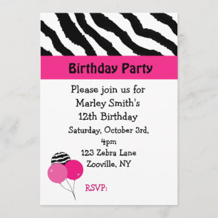 Rosa und Schwarz Zebra Geburtstagsfeier Einladung