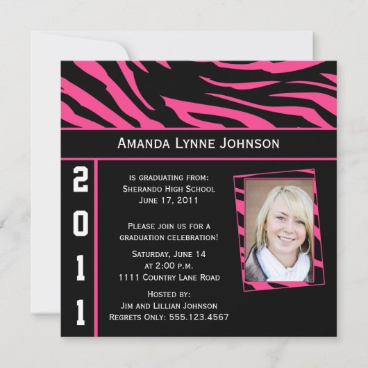 Rosa und Schwarz Zebra Print Abschluss Einladung (Vorderseite)