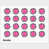 Rosa und schwarz Zebra Print Monogram Round Sticke Runder Aufkleber (Blatt)
