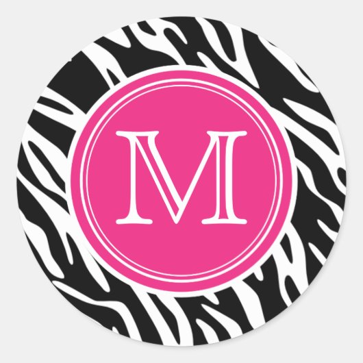 Rosa und schwarz Zebra Print Monogram Round Sticke Runder Aufkleber (Vorderseite)