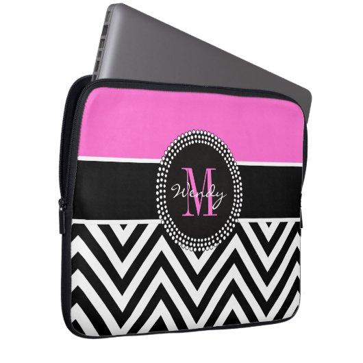 Rosa-und Schwarz-Zickzack Monogramm elegant Laptopschutzhülle (Vorne Rechts)