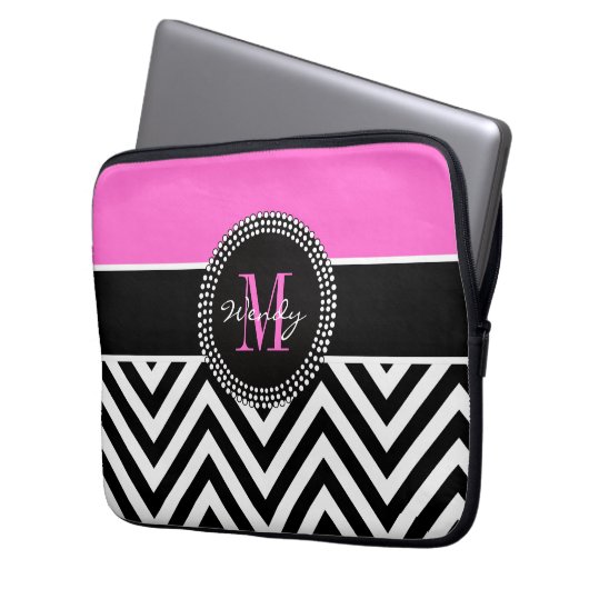 Rosa-und Schwarz-Zickzack Monogramm elegant Laptopschutzhülle (Vorderseite Links)