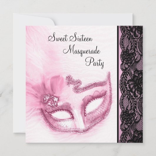 Rosa und schwarze 16 . Geburtstag-Masquerade-Party Einladung (Vorderseite)