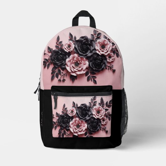 Rosa und schwarze 3D-Rose Bedruckter Rucksack (Vorderseite)