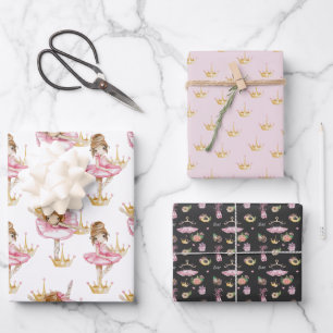 Rosa und schwarze Ballerina-Goldkrone Geschenkpapier Set