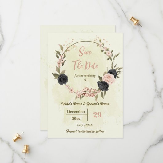 Rosa und schwarze Blume botanische Hochzeit Save The Date (Vorderseite/Rückseite Beispiel)