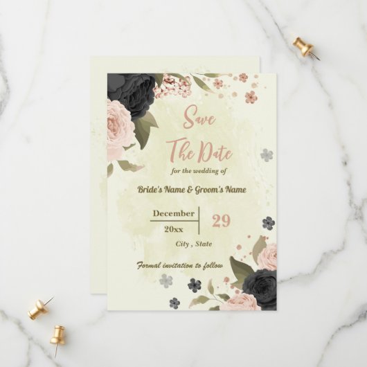 Rosa und schwarze Blume botanische Hochzeit Save The Date (Vorderseite/Rückseite Beispiel)