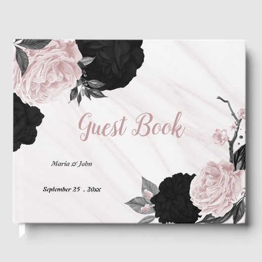 Rosa und schwarze Blume, grauer botanischer Marmor Gästebuch (Vorderseite)