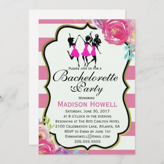 Rosa und schwarze Blumen Einladung Bacheloretto (Vorne/Hinten)