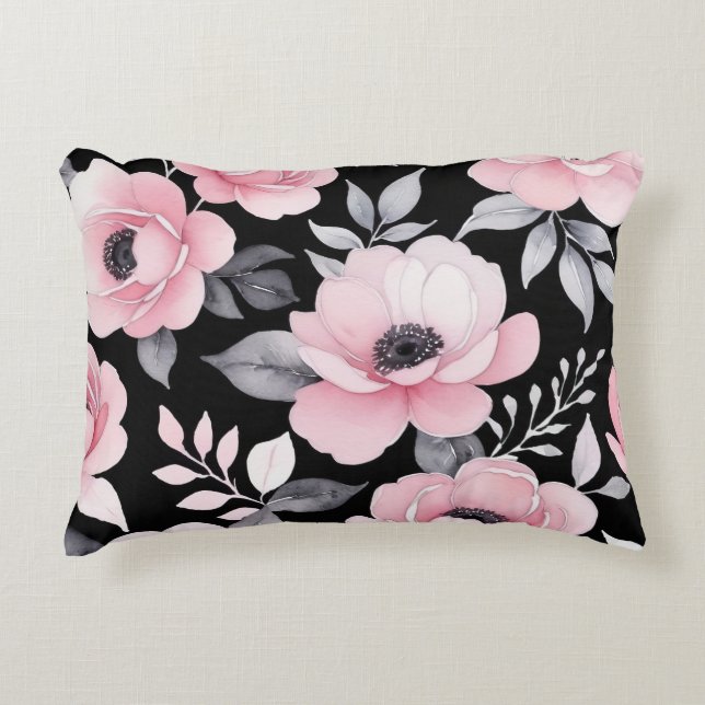 Rosa und schwarze Blumenkunst Dekokissen (Vorderseite)