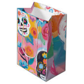 Rosa und schwarze Blütendia de Muertos Mittlere Geschenktüte (Vorderseite Schrägansicht)