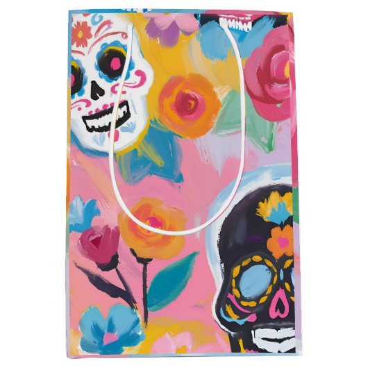 Rosa und schwarze Blütendia de Muertos Mittlere Geschenktüte (Vorderseite)