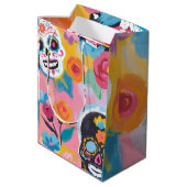Rosa und schwarze Blütendia de Muertos Mittlere Geschenktüte (Rückseite Schrägansicht)