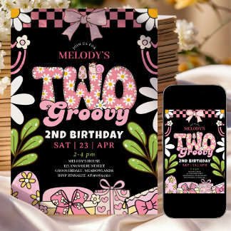 Rosa und schwarze Daisy 2. Geburtstag Retro-Geburt Einladung