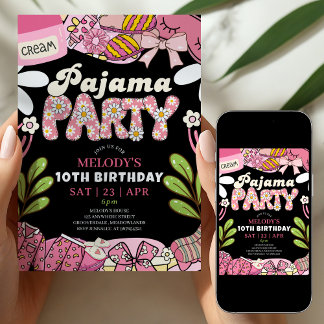Rosa und schwarze Daisy-Pyjama-Party-Geburtstagsfe Einladung