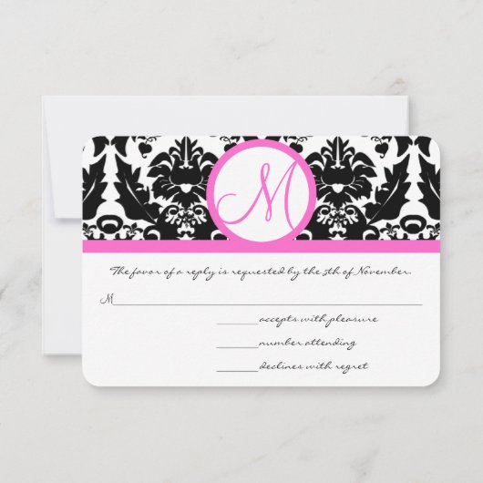 Rosa und schwarze Damasken-Wirbel Hochzeitsfeiern Einladung (Rückseite)