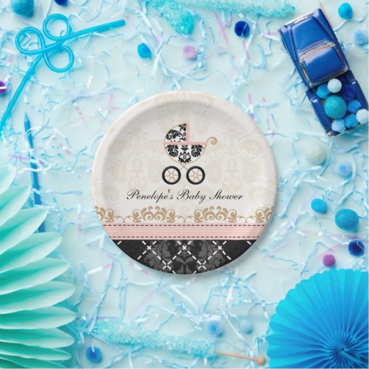 Rosa und schwarze Damast-Wagen-Babyparty Pappteller (Party)