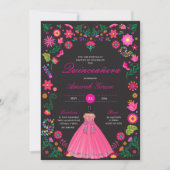 Rosa und schwarze Fiesta Quinceañera Einladung (Vorderseite)