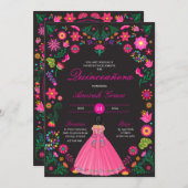 Rosa und schwarze Fiesta Quinceañera Einladung (Vorne/Hinten)