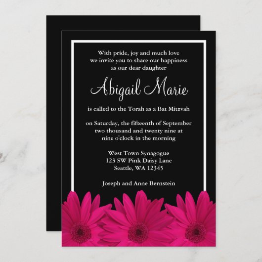 Rosa und schwarze Gerbera Daisy Bat Mitzvah Einladung (Vorne/Hinten)