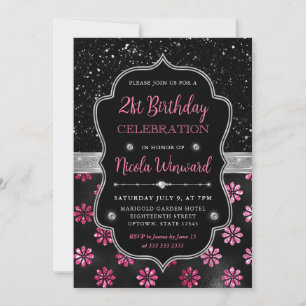 Rosa und schwarze Glitter Blumen 21. Geburtstag Einladung