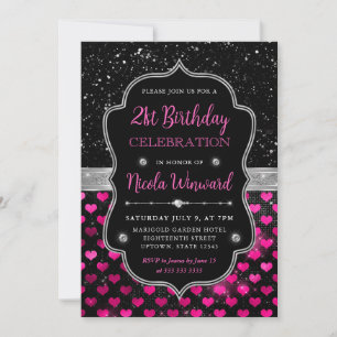 Rosa und schwarze Glitter-Herzen 21. Geburtstag Einladung