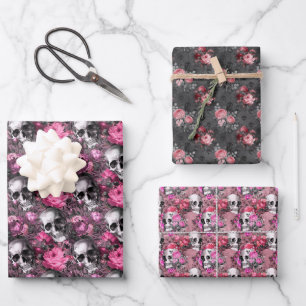 Rosa und schwarze gotische Blumen Totenköpfe Geschenkpapier Set