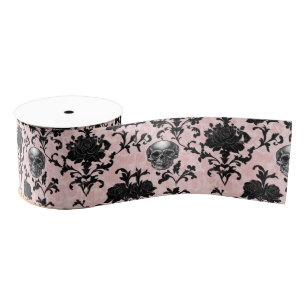 Rosa und schwarze gotische Totenköpfe und Rosen Ripsband