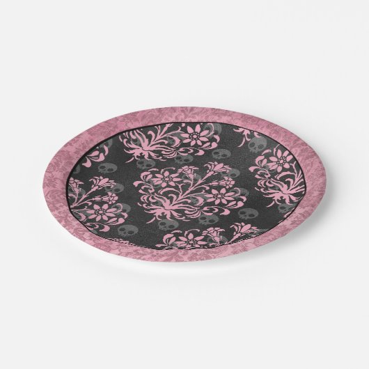 Rosa und schwarze Harlequin und Damask Pappteller (Schrägansicht)