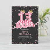Rosa und schwarze Krone Ballon Dreizehn Geburtstag Einladung (Stehend Vorderseite)