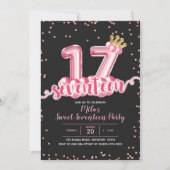 Rosa und schwarze Krone Ballon Siebzehn Geburtstag Einladung (Vorderseite)