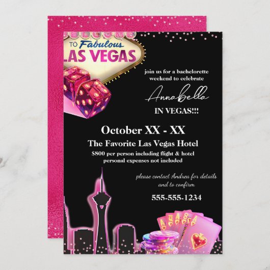 Rosa und schwarze Las Vegas Skyline Einladung (Vorne/Hinten)