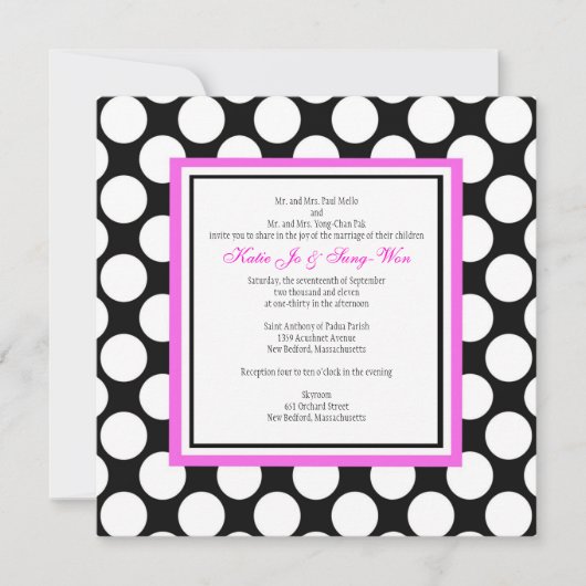 Rosa und schwarze Polka Dot Hochzeitseinladung Einladung (Vorderseite)