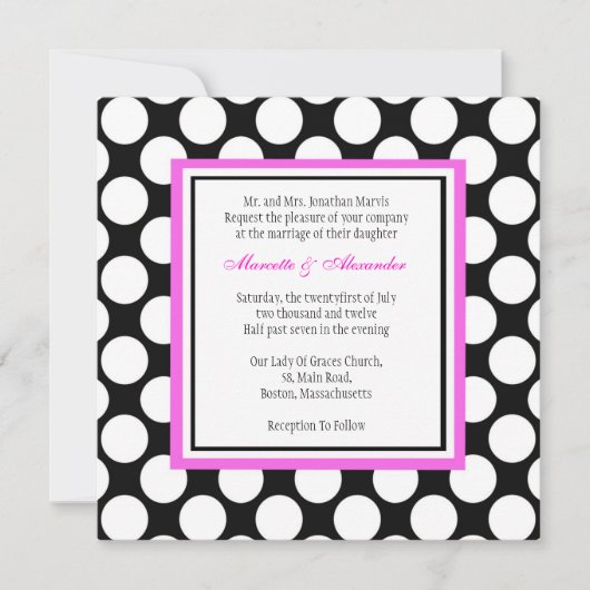 Rosa und schwarze Polka Dot Hochzeitseinladung Einladung (Vorderseite)