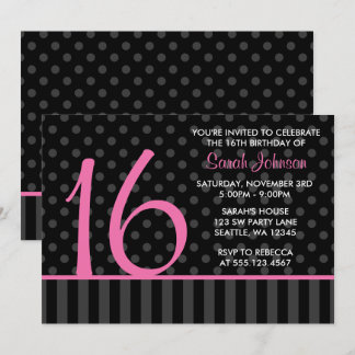 Rosa und schwarze Polka Dot Stripes Sweet 16 Gebur Einladung