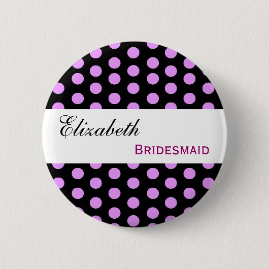 Rosa und schwarze Polka-Punkt-Name-Brautjungfer Button (Vorderseite)