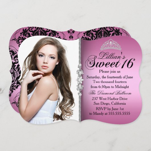 Rosa und Schwarze Prinzessin Tiara Sweet 16 Geburt Einladung (Vorne/Hinten)