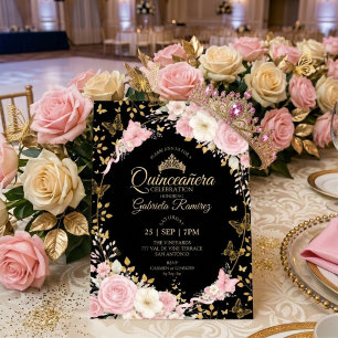 Rosa und schwarze Quinceañera goldene Rosen Einladung