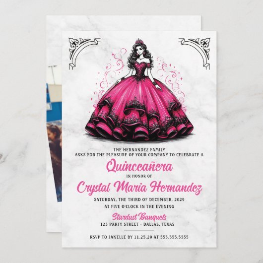 Rosa und schwarze Quinceñera Einladung (Vorne/Hinten)