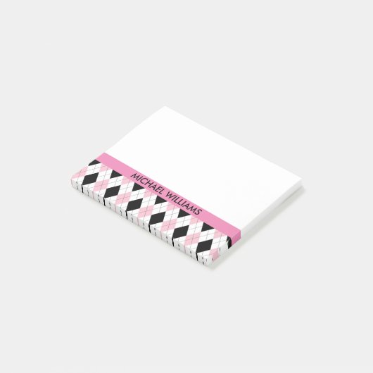 rosa und schwarze Raute mit rosa Streifen Post-it Klebezettel (angewinkelt)