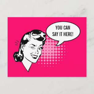 Rosa und schwarze Retro Woman Winking Fun Card Postkarte