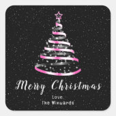 Rosa und schwarze Ribbon Tree Frohe Weihnachten Quadratischer Aufkleber (Vorderseite)