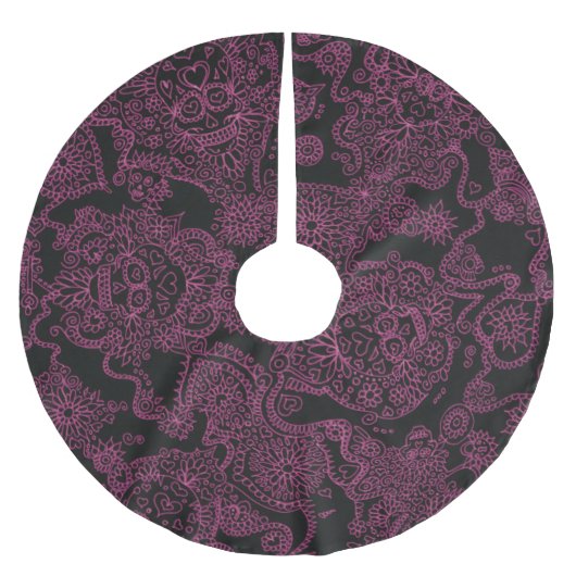 Rosa und schwarze Skulls Gotische Weihnachtsbaumro Polyester Weihnachtsbaumdecke (Vorderseite)