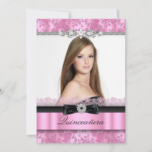 Rosa und schwarze Spitzen Foto Quinceanera Einladu Einladung (Vorderseite)