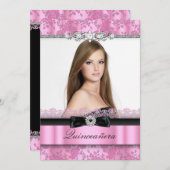 Rosa und schwarze Spitzen Foto Quinceanera Einladu Einladung (Vorne/Hinten)