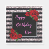 Rosa und schwarze Streifen Glitzer Rote Rosen Gebu Serviette (Vorderseite)