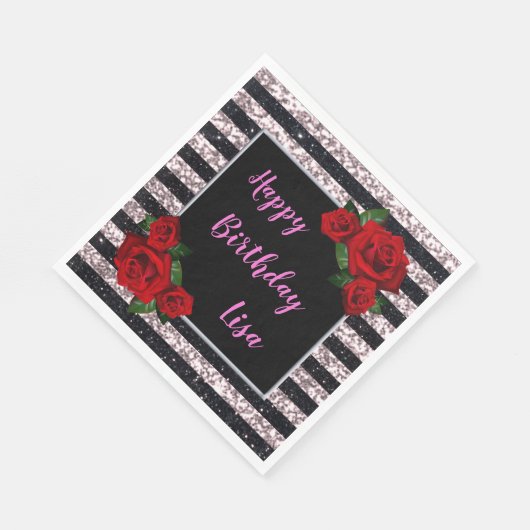 Rosa und schwarze Streifen Glitzer Rote Rosen Gebu Serviette (Ecke)