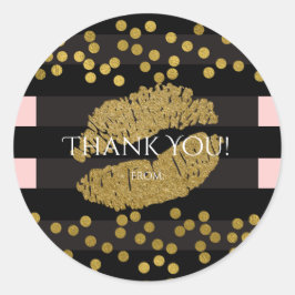 Rosa und schwarze Streifen Gold Kiss Lippen Runder Aufkleber