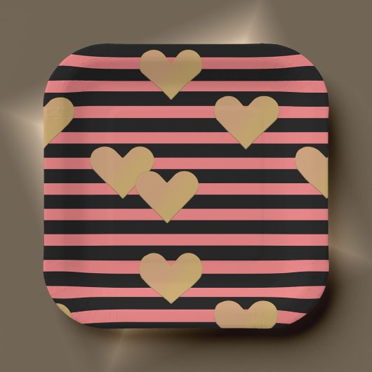 Rosa und schwarze Streifen Valentine Pappteller