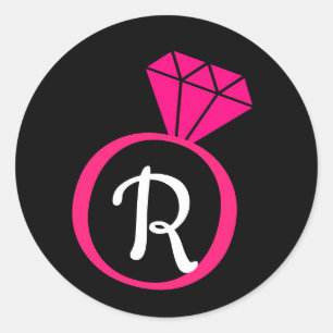 Rosa und schwarze Verlobungsring-Initial-Sticker Runder Aufkleber